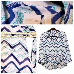 CHICO'S Dallas Zig zag draping Blue Shirt Size Medium 2‎ vacation beach nautical